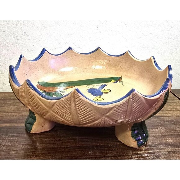 Handmade Mexican Tlaquepaque Ceramic Serving Bowl Painted Bird Cactus Design - Picture 4 of 12